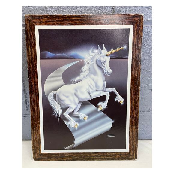 Vintage 1980s Unicorn Fantasy Art Print On Press Board White Horse Ferraro - Picture 7 of 10